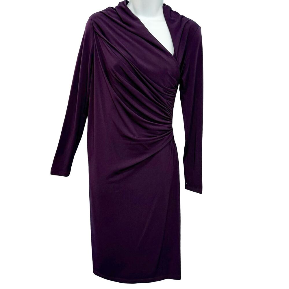 David Meister Ruched Asymmetrical Purple Faux Wrap Long Sleeve Sheath Dress sz 4
